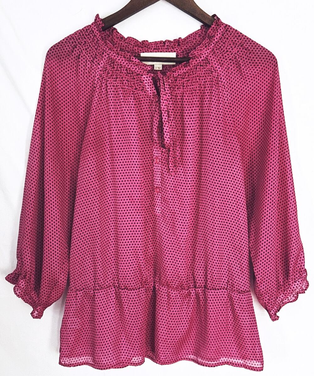 Ann Taylor LOFT Small Sheer Pink Black Polka Dot Long Sleeve Drawstring Neck Top